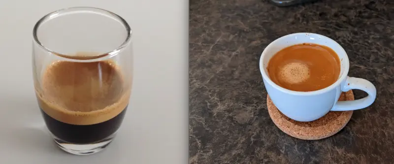 Două cești de cafea – una cu espresso și una cu ristretto